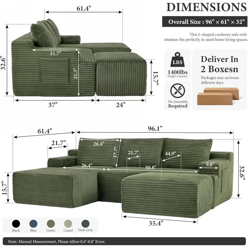 96 Modern L-Shape Sectional Sofa with Chaise, 2 Seaters, and Ottoman in Green