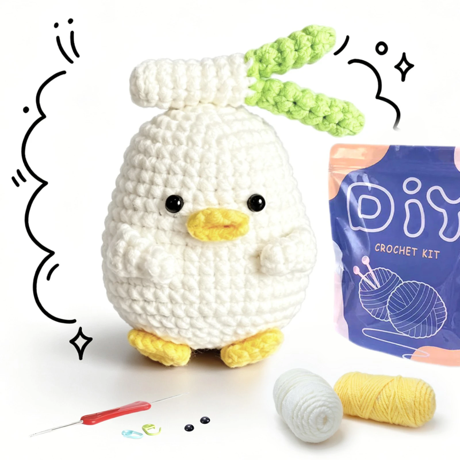 1 Set Cute Little Duck Crochet Material Pack, Complete Amigurumi Supplies Kit with Step-by-Step Teaching Video for Beginners