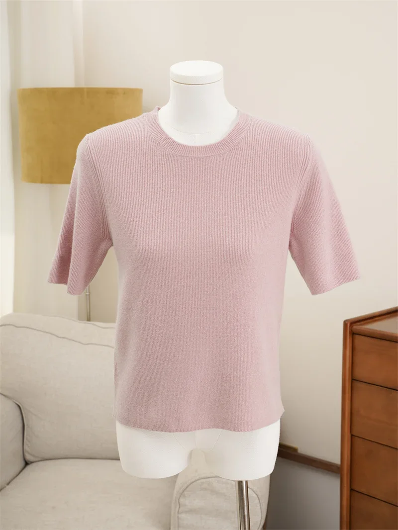 Women Short Sleeve Sweater Pink or Brown Color Round Neck WoolCasual Early Autumn 2024 Female Fashion Jumper