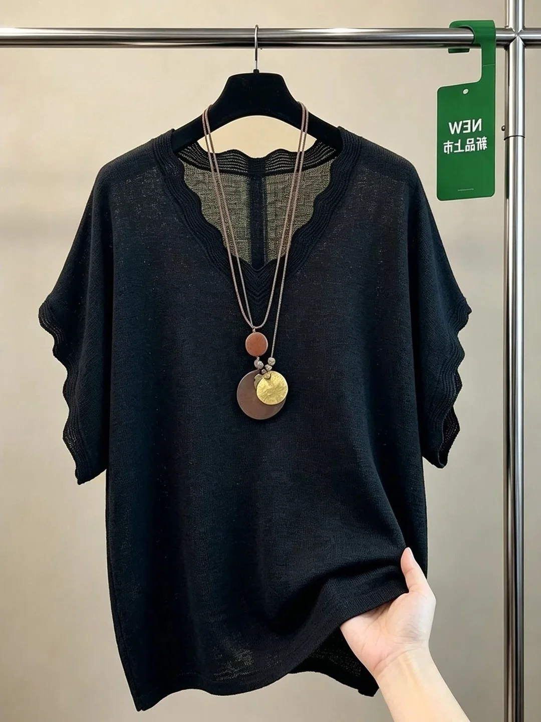 

Elegant V-Neck Short Sleeve Knitted Top Thin Splice Wood Grain Slimming Large Size Women's Fashion French Style Loose Fit