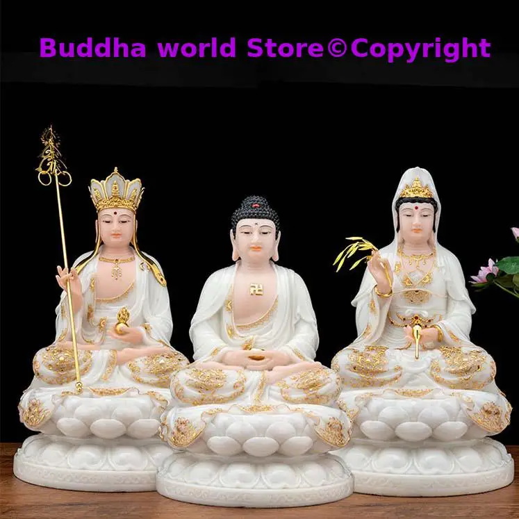 

3PCS High grade jade gilding Buddha Buddhism SUO PO SANSHENG Guan yin Sakyamuni Dizang pusa Buddha statue HOME family protection