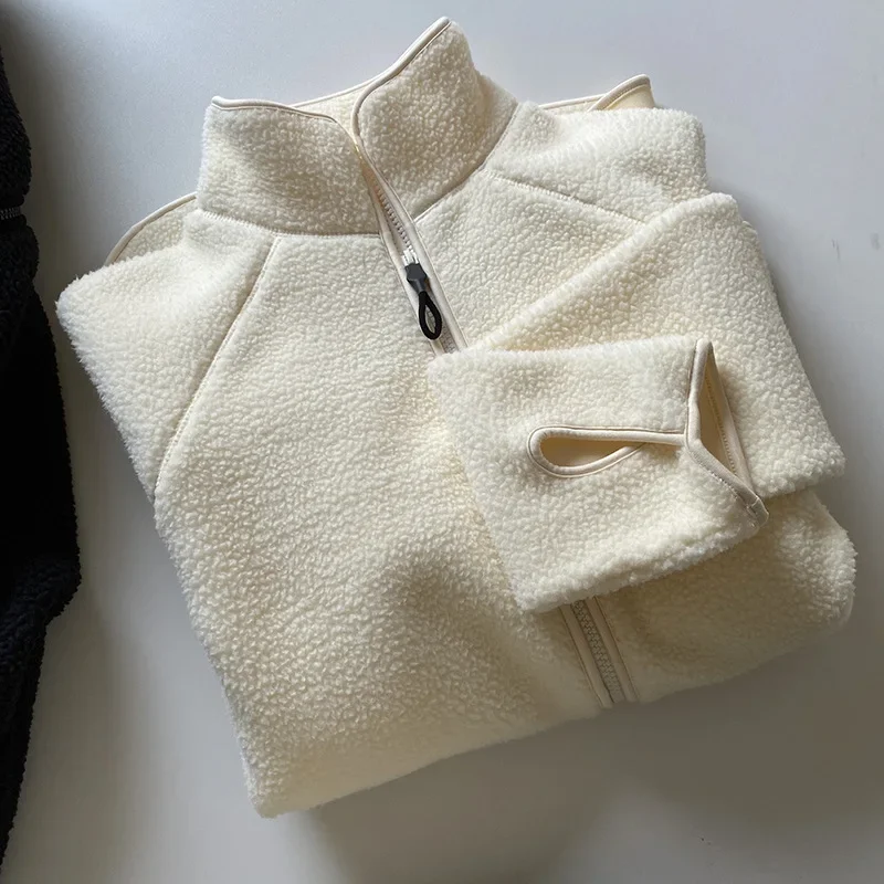 Estilo nórdico casacos de lã polar feminino zíper cardigan jaqueta gola irregular bainha topos moletom roupas bege outono