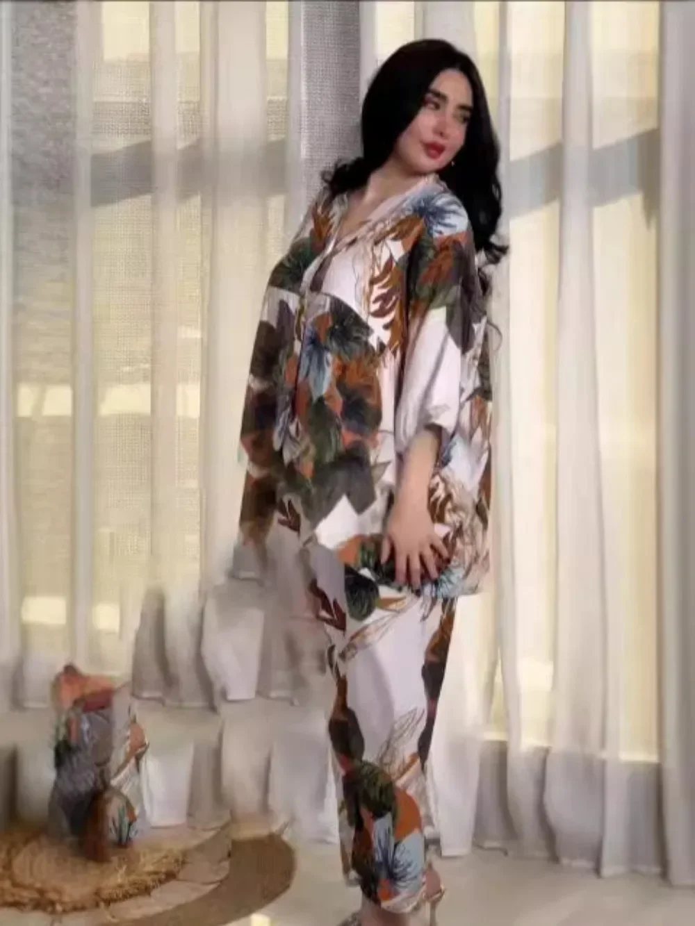 Conjunto informal de 2 piezas para mujer, blusa con una botonadura, pantalones de pierna ancha, traje de Marruecos, conjunto de Dubái 2026, trajes árabes informales para mujer