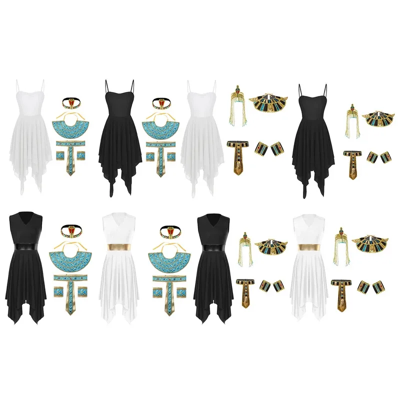 여자 이집트 클레오 파트라 코스프레 의상 할로윈 공연을위한 칼라 벨트 팔찌 머리 장식이있는 비대칭 밑단 드레스 세트