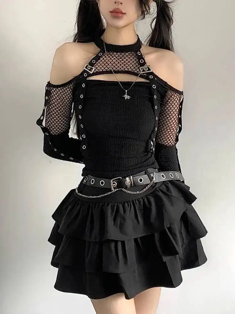 

Женская футболка в готическом стиле в стиле панк, весна 2026, женский укороченный топ с ажурными рукавами, готический ажурный темный укороченный топ