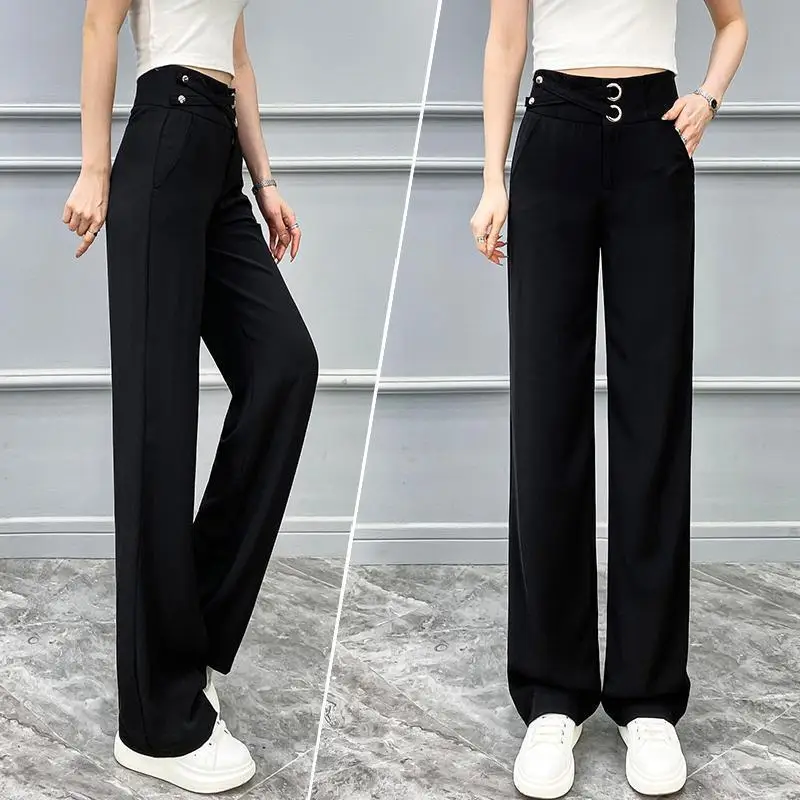 Pantalones de pierna ancha con estampado Vintage para mujer, ropa informal de cintura alta elástica empalmada, Chic, primavera y verano