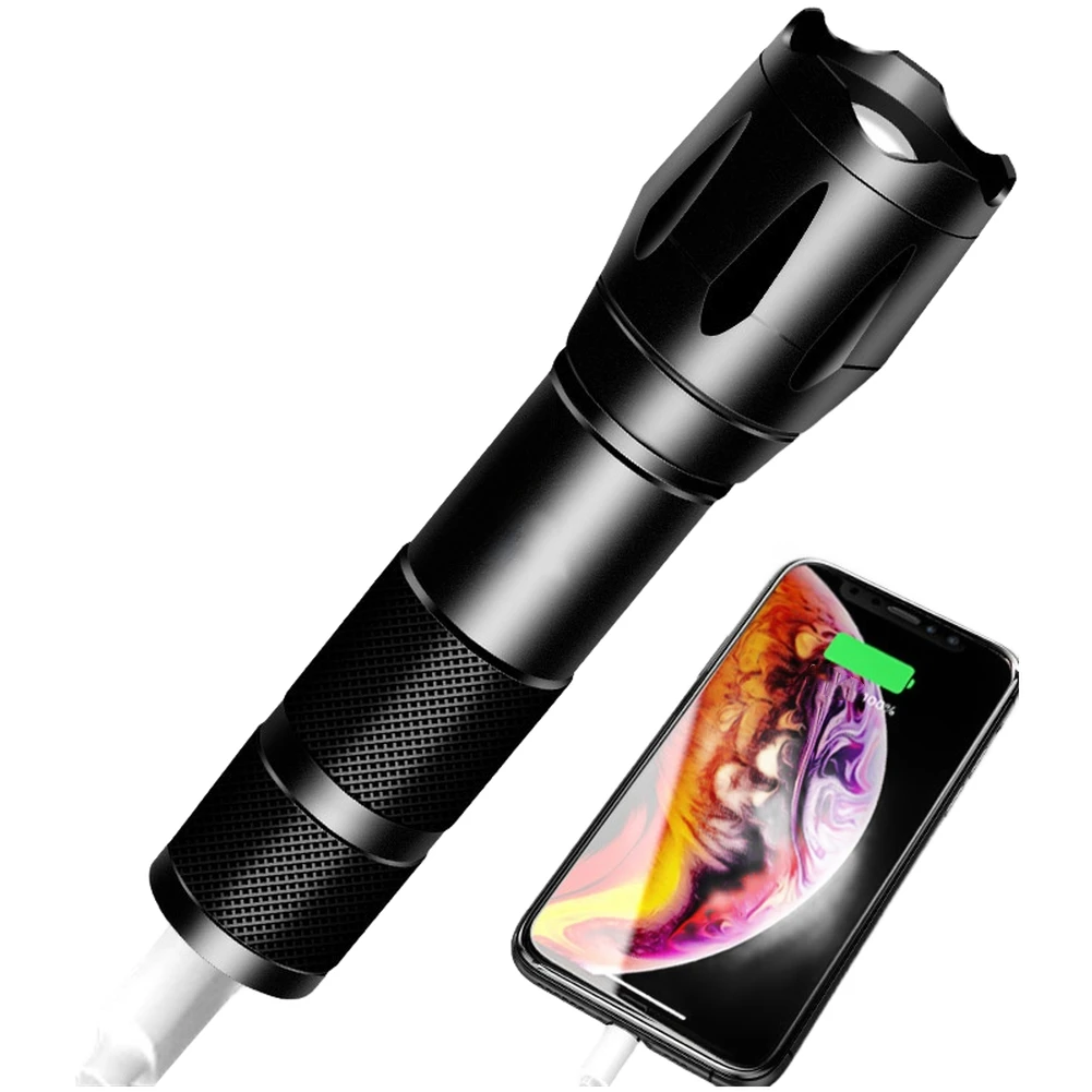LED Flashlight with Rechargeable Battery and for Power Bank Function Adjustable for zoom Spotlight and Floodlight for Outdoor
