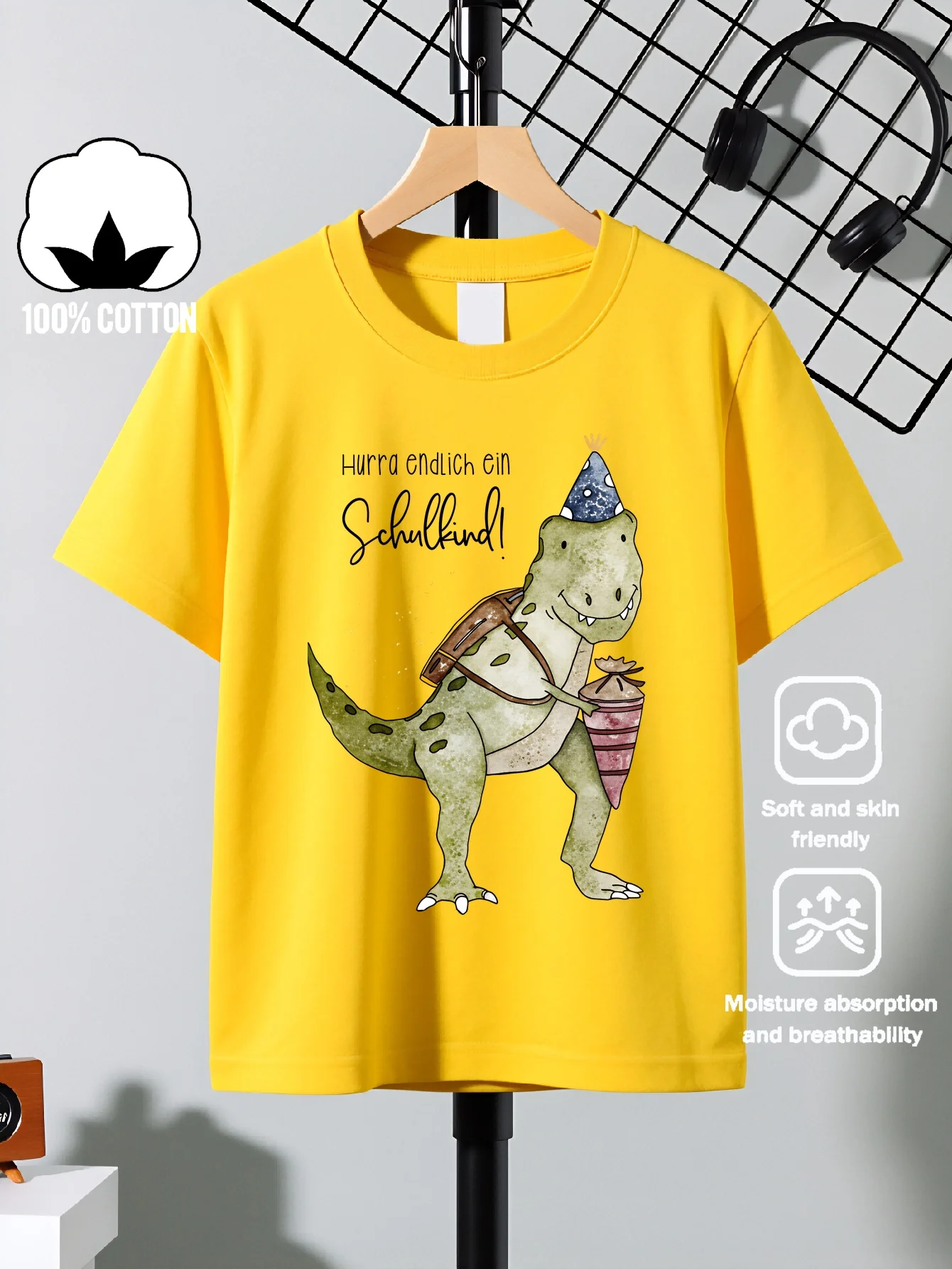 Dinosaur Backpack Party Hat Pattern Design Machine Washable Outdoor Activity Top Comfortable Fun Printed Parent Child T-shirt