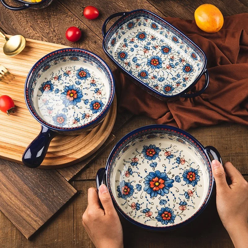 Juego de Platos para Hornear de Regalo de Navidad, Cazuela Azul con Diseño Floral y Asas, Bandeja de Servir Estilo Boho Apta para Horno/Microondas/Lavavajillas