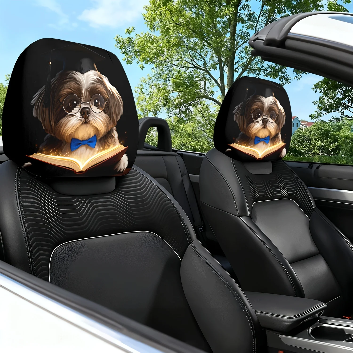 2pcs Car Headrest Cover Eyeglasses Puppy Theme Print Car Seat Headrest Neck Pillow Cover - with Cute Design - Car Interior Cus