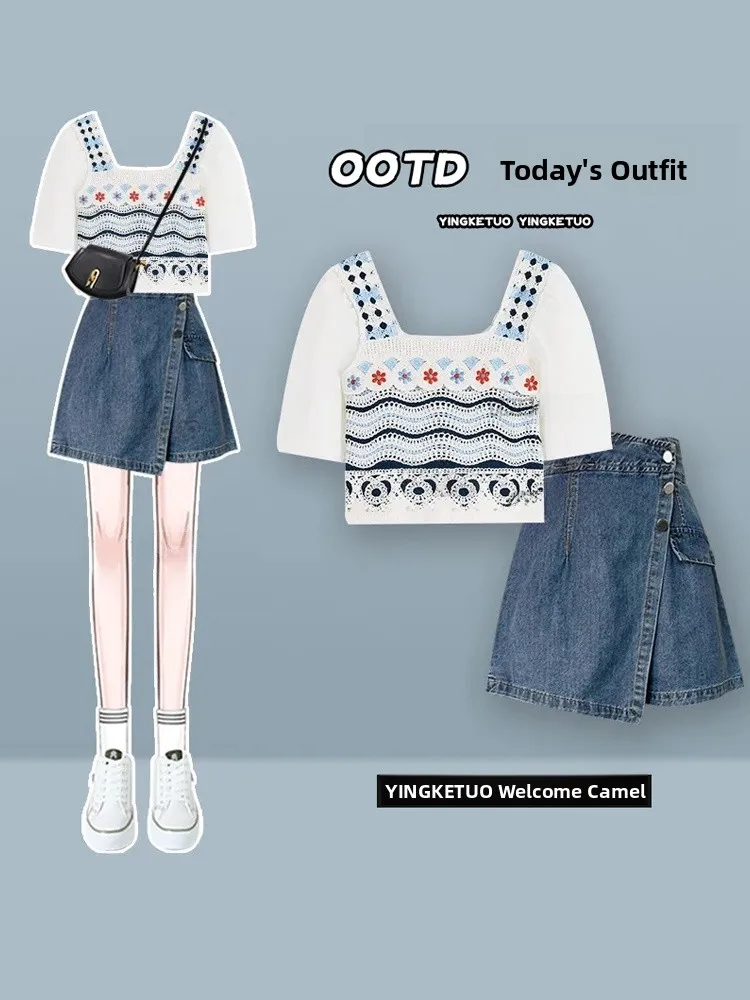 

Утягивающая джинсовая юбка и топ, модный молодежный женский наряд из двух предметов, корейский круглый комплект трапециевидной формы с высокой талией...