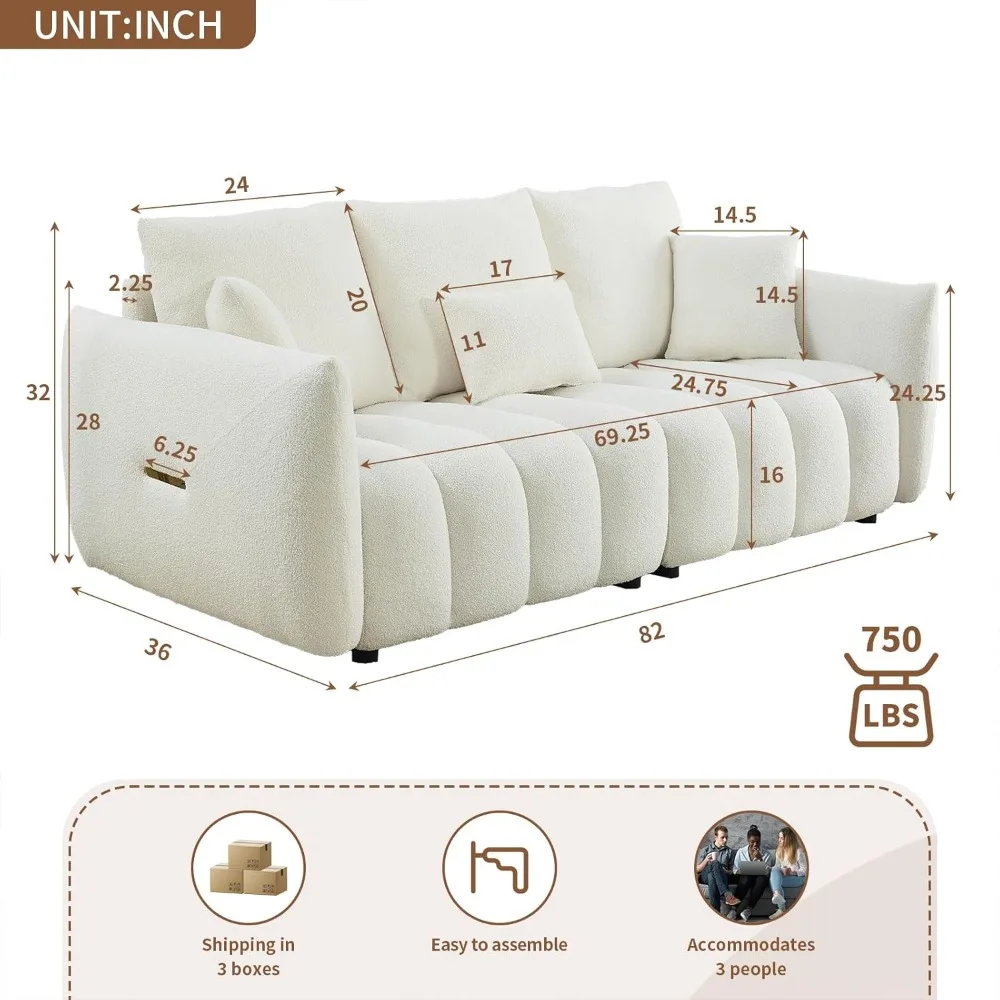 Modern Sofa Couch, Comfy Deep Seat Teddy Cloud Sofa, Upholstered 3-Seater Boucle Couch, Oversized Loveseat for Living Room