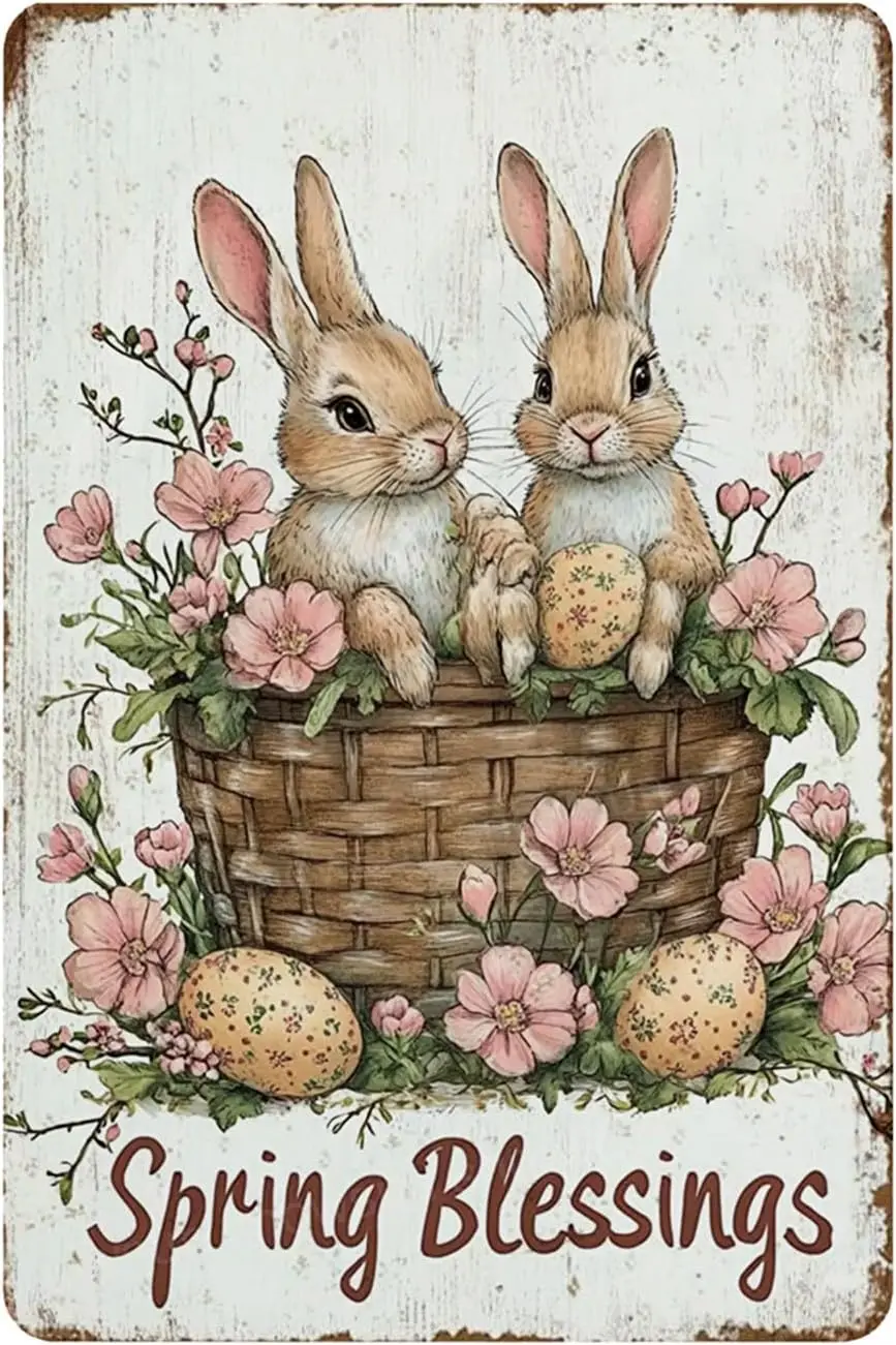 Snowsun Easter Metal Sign Rabbit Vintage Tin Sign Easter Retro Sign Easter Decor for Home Bar Living Room Easter Wall Decor sign