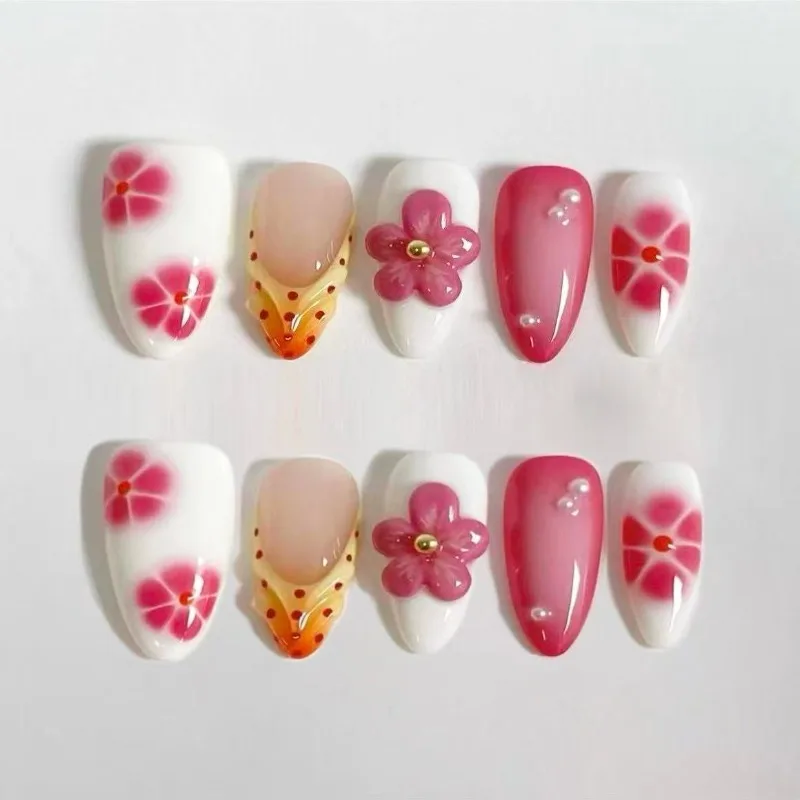 

24PCS Pink Blush Short Almond Press on False Nails Sweet Flower 3D Ripple Simple French Fake Nails for Women with Pearl Ins Nail