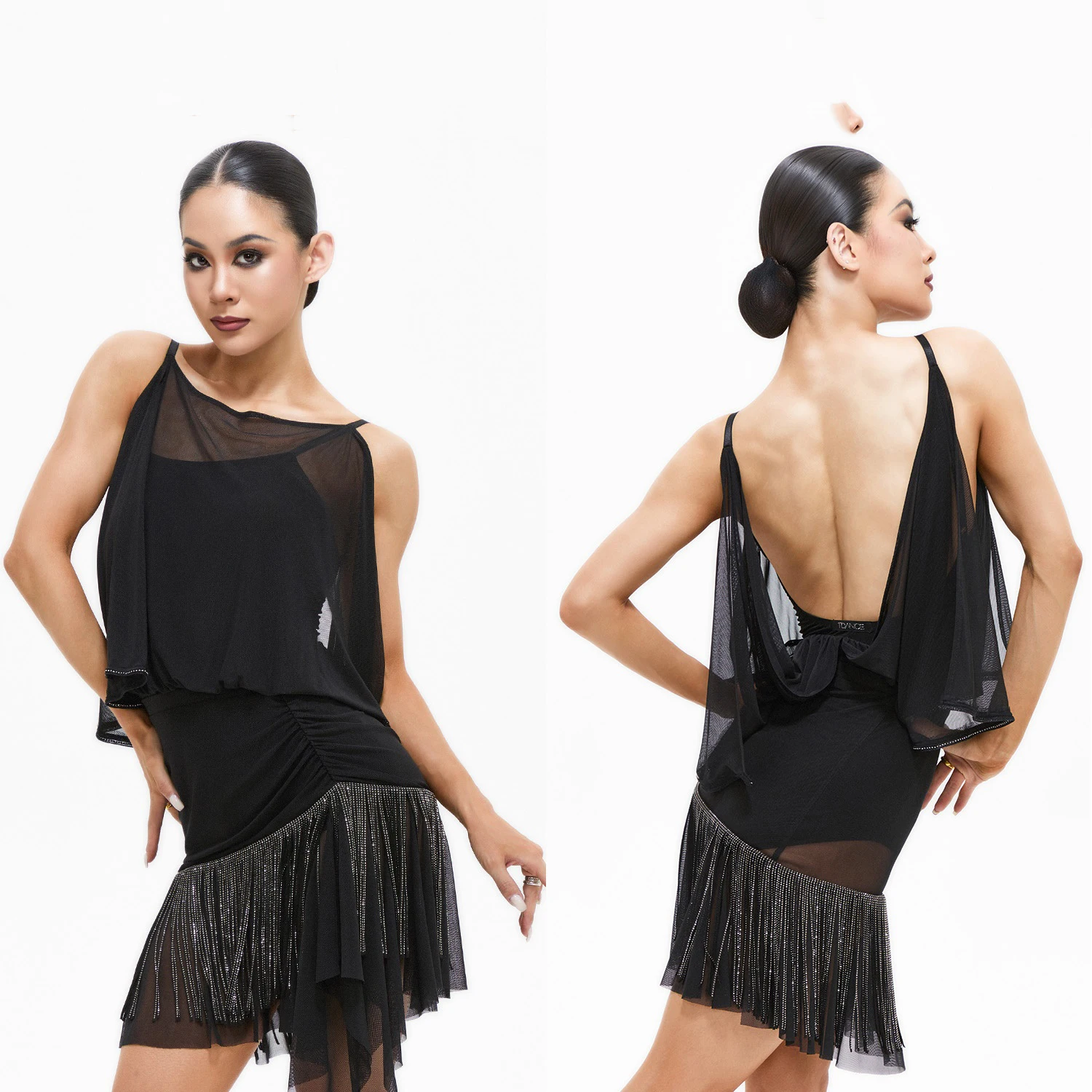 

New Design Latin Dance Costume Mesh Backless Leotards Rhienstone Fringed Skirt Black Competition Dresses Rumba Clothes DNV25911