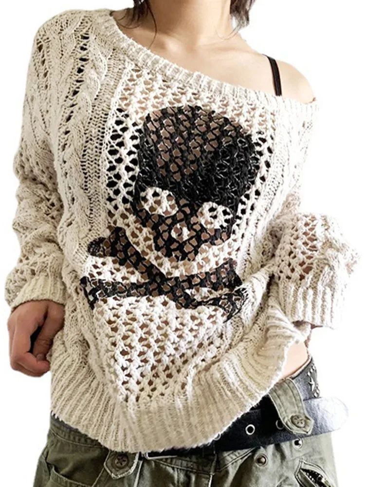 Yangelo Skull Sweater Y2K Aesthetic Gothic Hollow Out Long Sleeve Tops Punk Style Crochet Pullover Knitwear Women Streetwear