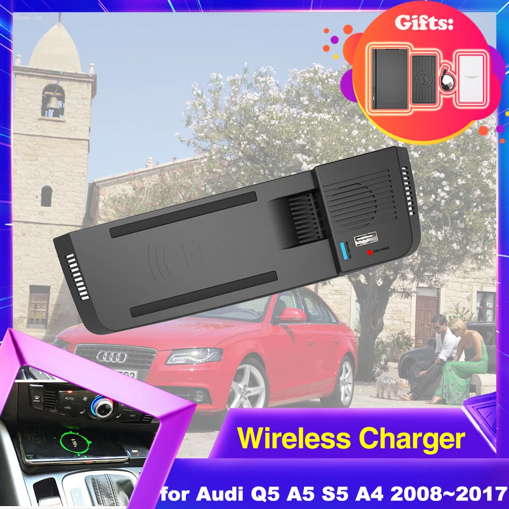 Samochód bezprzewodowa podstawka ładująca dla Audi Q5 8R SQ5 A5 S5 RS5 8T A4 B8 8K S4 2008 ~ 2017 2009 2010 2011 2012 2013 2014 2015 2016 telefon szybka podstawka ładowarki Panel akcesoria