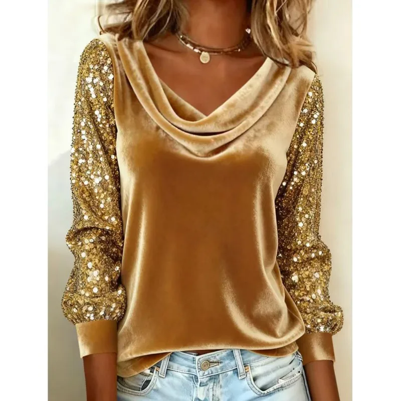 T-shirt à sequins pour femme, décontracté, uni, à manches longues, col montant, pull-over, streetwear automne, vêtements pour femme