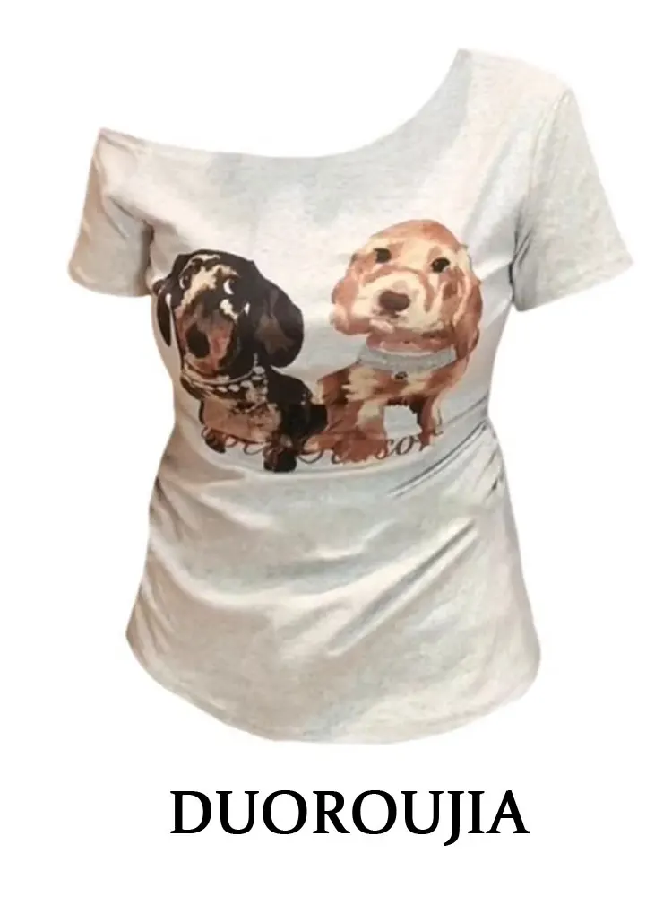 

plus Size American Style Printed Dog Short Sleeve T-Shirt Women's Slim Fit Summer Top Asymmetrical Commute Vintage