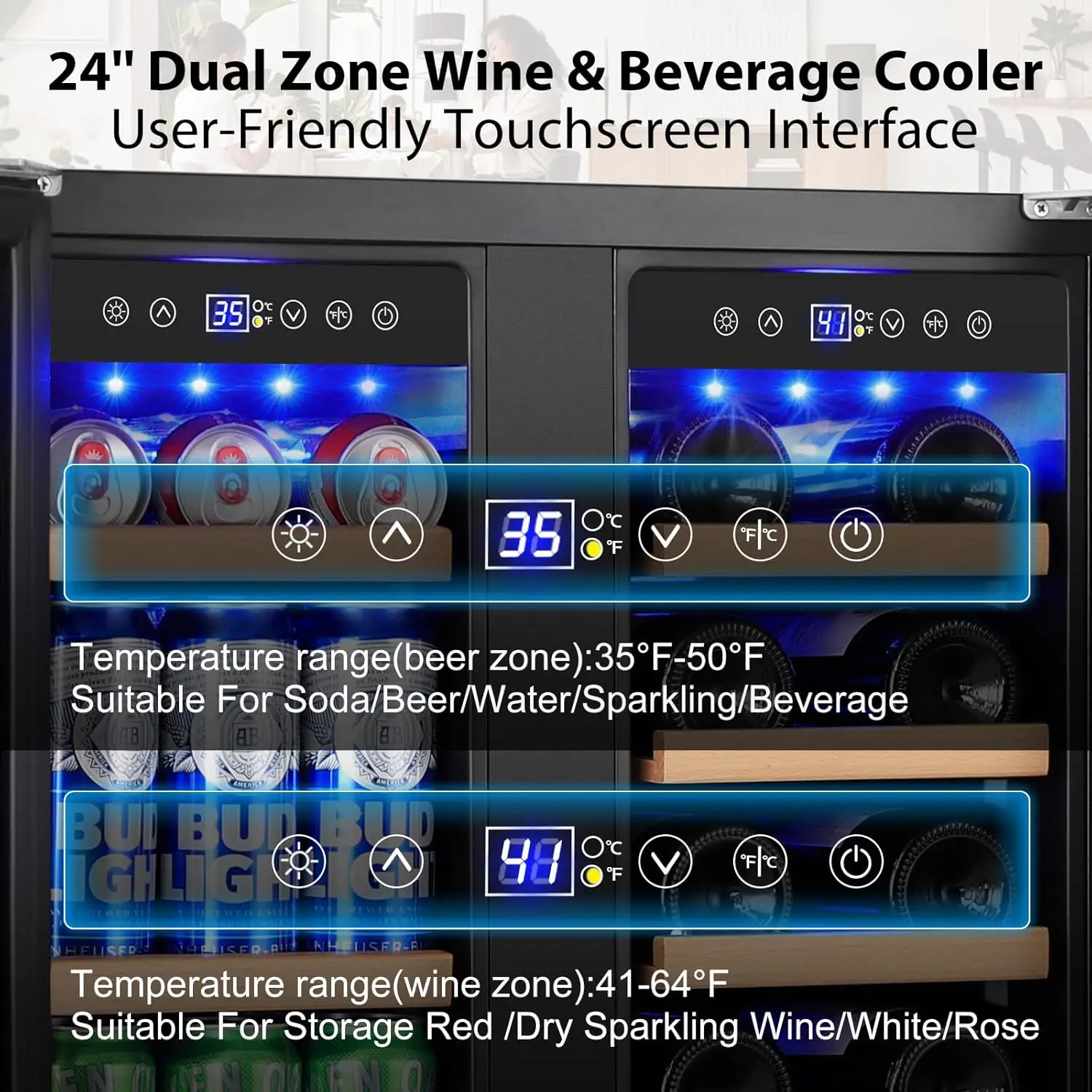 Wine & Beverage Refrigerator 24'' - Dual Zone Beverage Fridge with Upgraded Cooling, Built-in or Freestanding, 20 Bottles