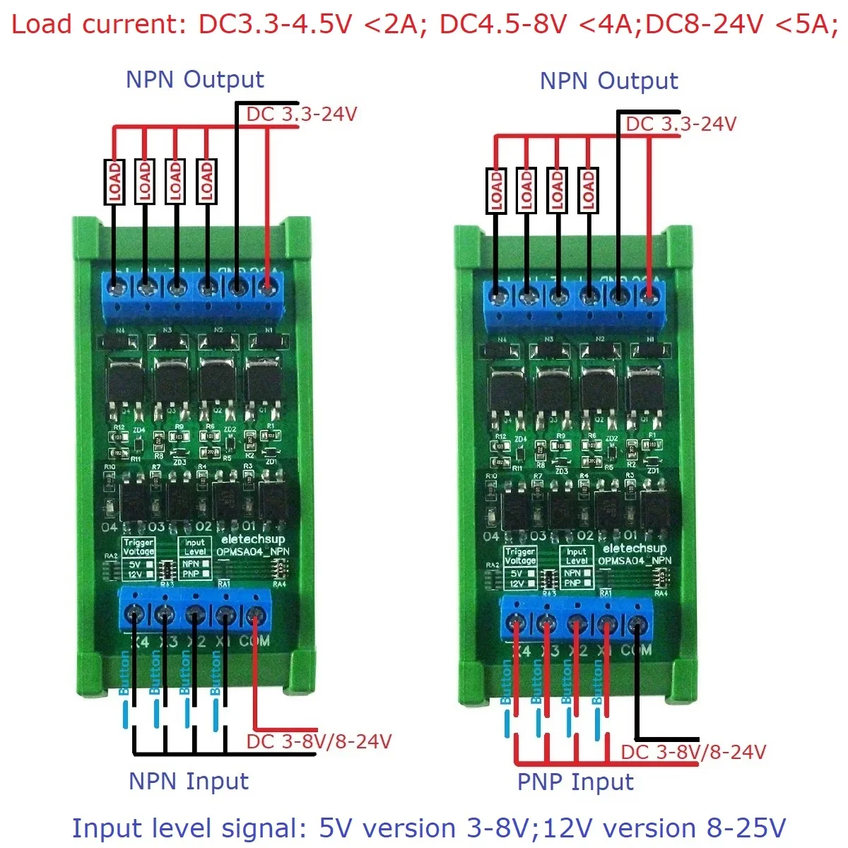 DC 3.3-24V 4CH 5A NPN/PNP Digital Logic Level Signal Amplifier LED Driver OPMSA04 for Arduino Raspberry Pi Pico ESP32 ESP8266