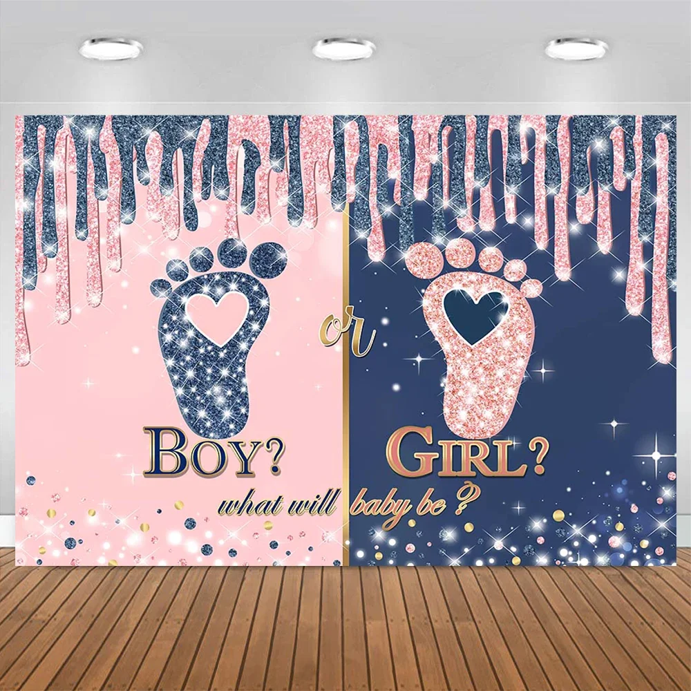 Mocsicka Baby Shower Party Backdrop What Will Baby Be Gender Reveal Background Little Feet Pink Blue Glitter Birthday Photo Prop