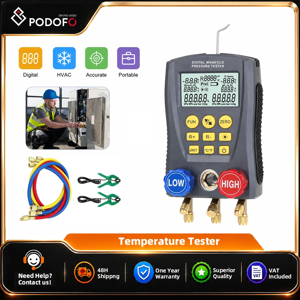 Podofo Refrigeration Digitaler Manometer-Multifunktions-Vakuum-Drucktester Klimaanlagen-Temperaturmessgerät Temperaturtester Ventilwerkzeug-Set
