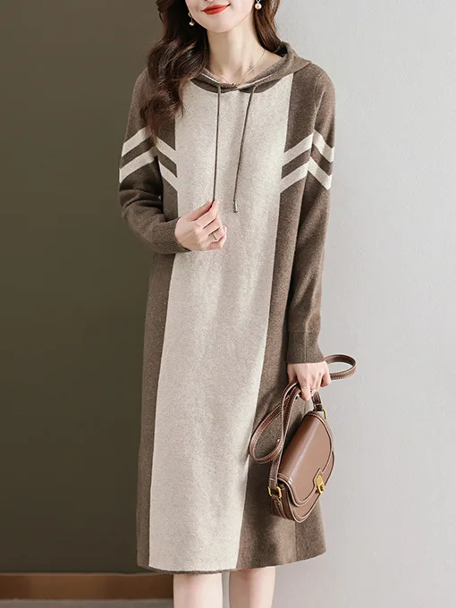 

Color Blocking Hooded Knitting Dress For Women's Autumn Winter 2024 New Commuting Straight Long Sleeve Retro Casual Midi Dress