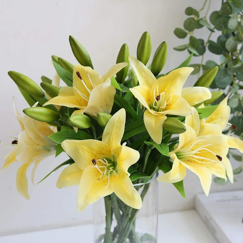 5Pcs Artificial Lily Flowers Real Contact Fake Lily Bouquet Artificial Flowers For Home Wedding Floral Decor