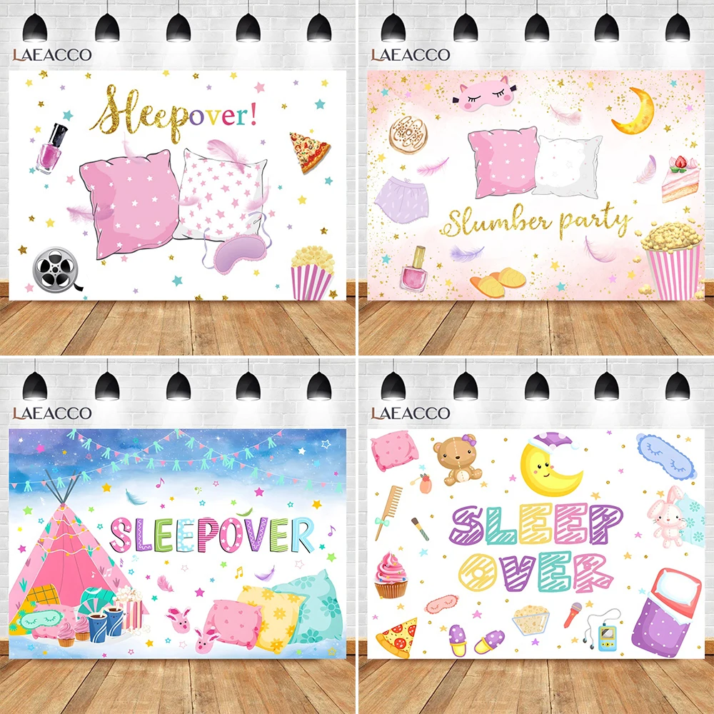 Laeacco Sleepover Party Backdrop Sleepover Pajamas Pillow Fight Pink Girl Party Decor Portrait Customized Photography Background