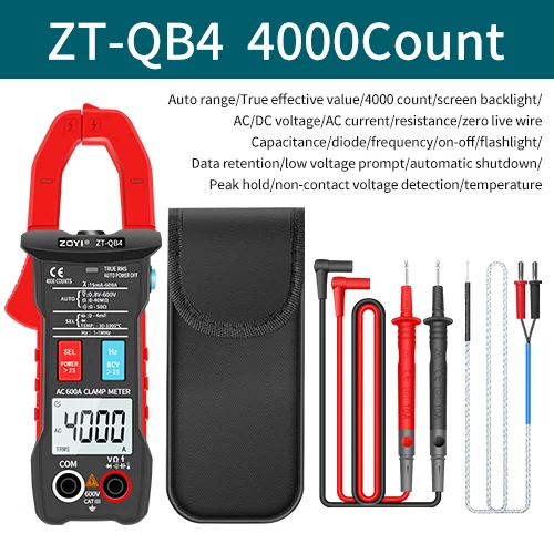 ZOYI ZT-QB4 Digital Clamp Meter 600A Current True RMS Smart Plier ammeter Auto Rang 4000 Multimeter DC AC Voltage Hz Ohm NCV Tes