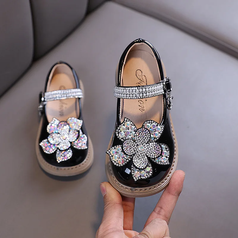Four Seasons Girl Glitter Mary Jane Princess Shoes Kids Soft Sole PU Leather Dance Shoes Children Velcro Ceremony Student Flats