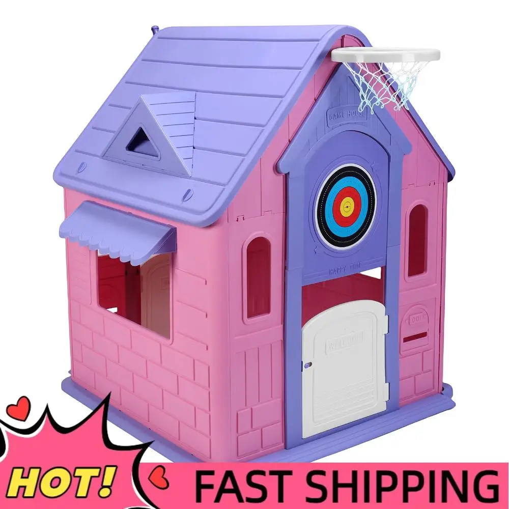 

Garden Games Cottage with Basketball Hoop Dartboard Plastic Playhouse Outdoor Playhouse for Toddlers