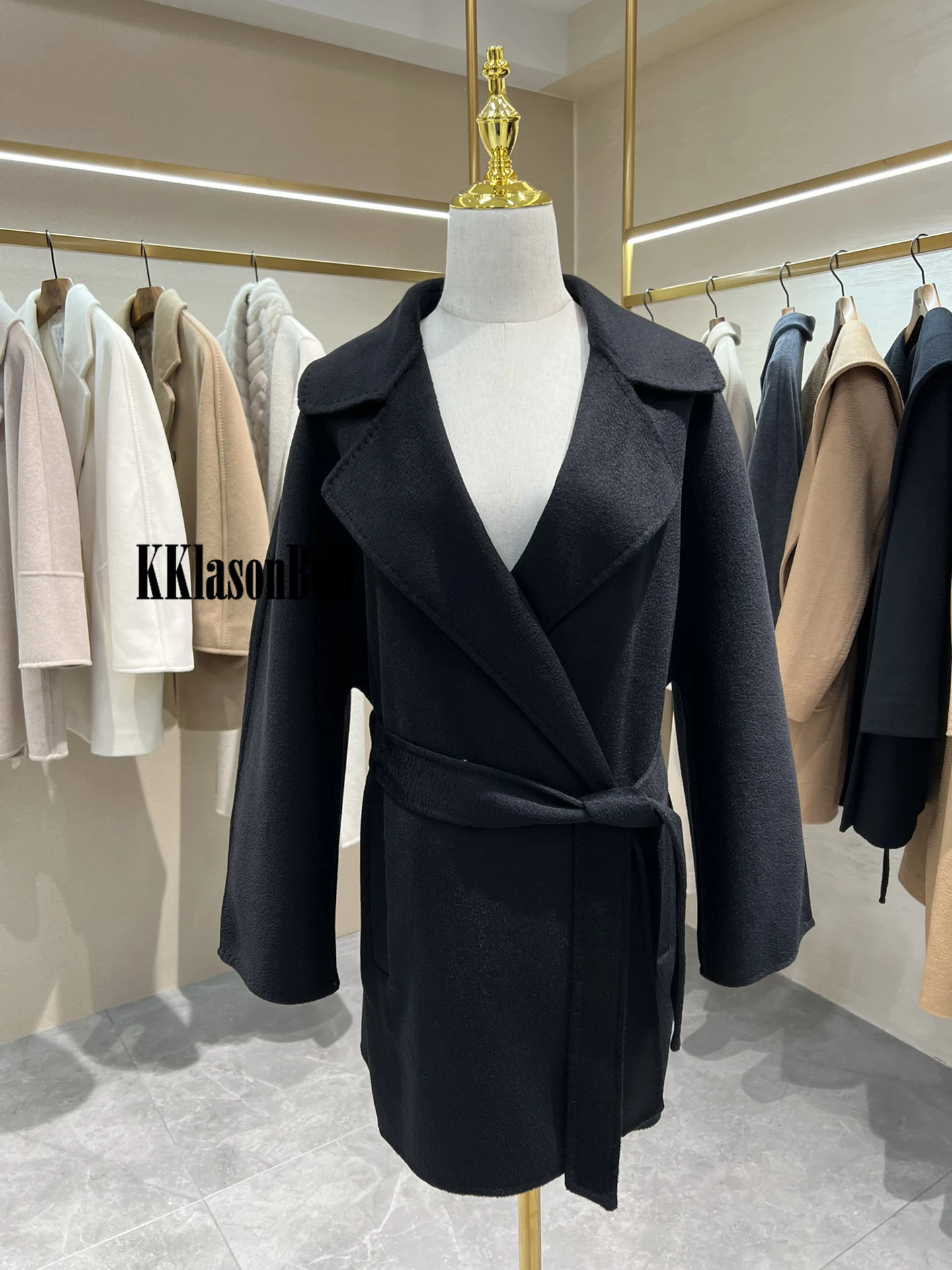 12.14 KKlasonBell Temperament Fashion With Belt Lapel Collar Double-Sided Cashmere Coat Women