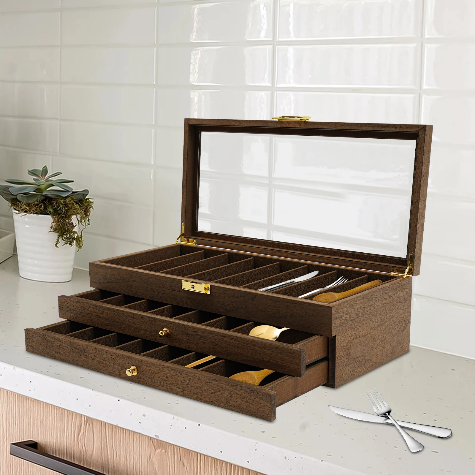 

3-Tier Knife Storage Box with Lock & Glass Lid, 22 Compartments Walnut Display Case for EDC Camping Knives, Flannelette Lined