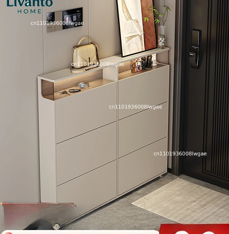 

Ultra-thin shoe cabinet new popular cream wind at the door, extremely narrow 24 tipping bucket entrance cabinet in the foyer