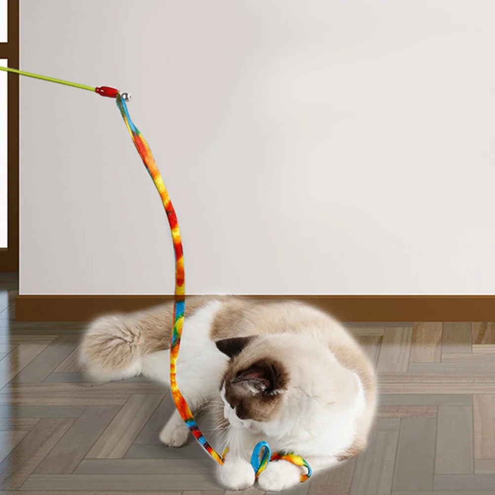 

High-Quality PVC Cat Teaser Wand Colorful Ribbons Bell Interactive Playtime Kitten Rainbow Stripe Cat Teaser