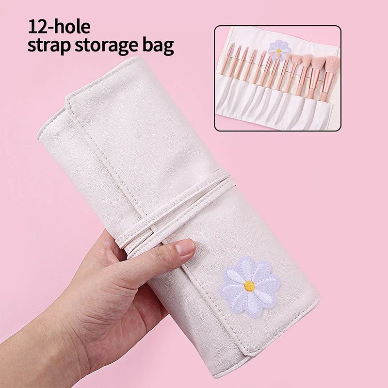 

12 Hole Makeup Brushes Bag PU Leather Beige Black Portable Makeup Brush Storage Case Fold Tools Rolling Bags With Strap