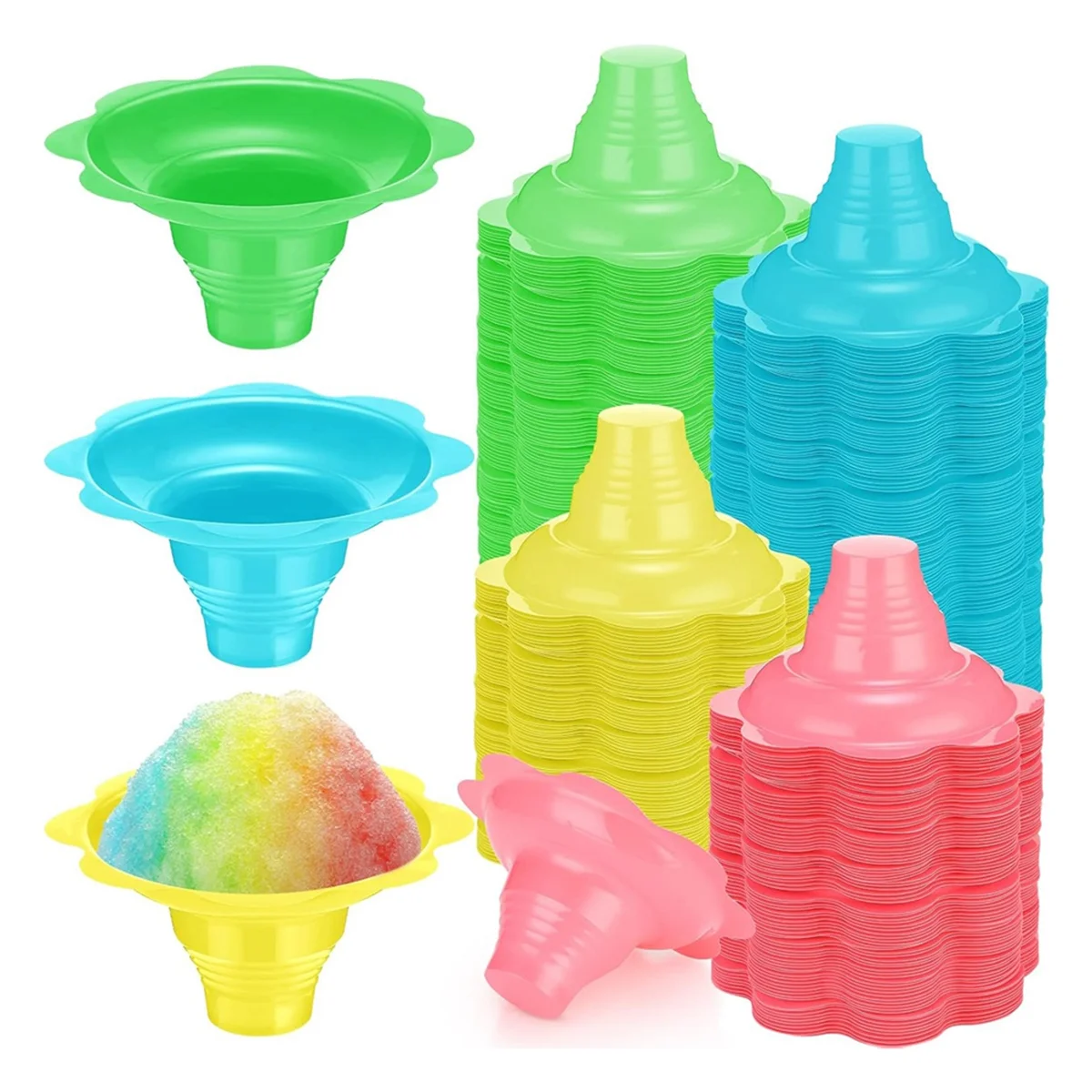 M05K 200 Pieces 4 Oz Colorful Shaved Ice Cups Flower Shaped Snow Cone Cups Leak Proof Plastic Snack Ice Cream Bowls