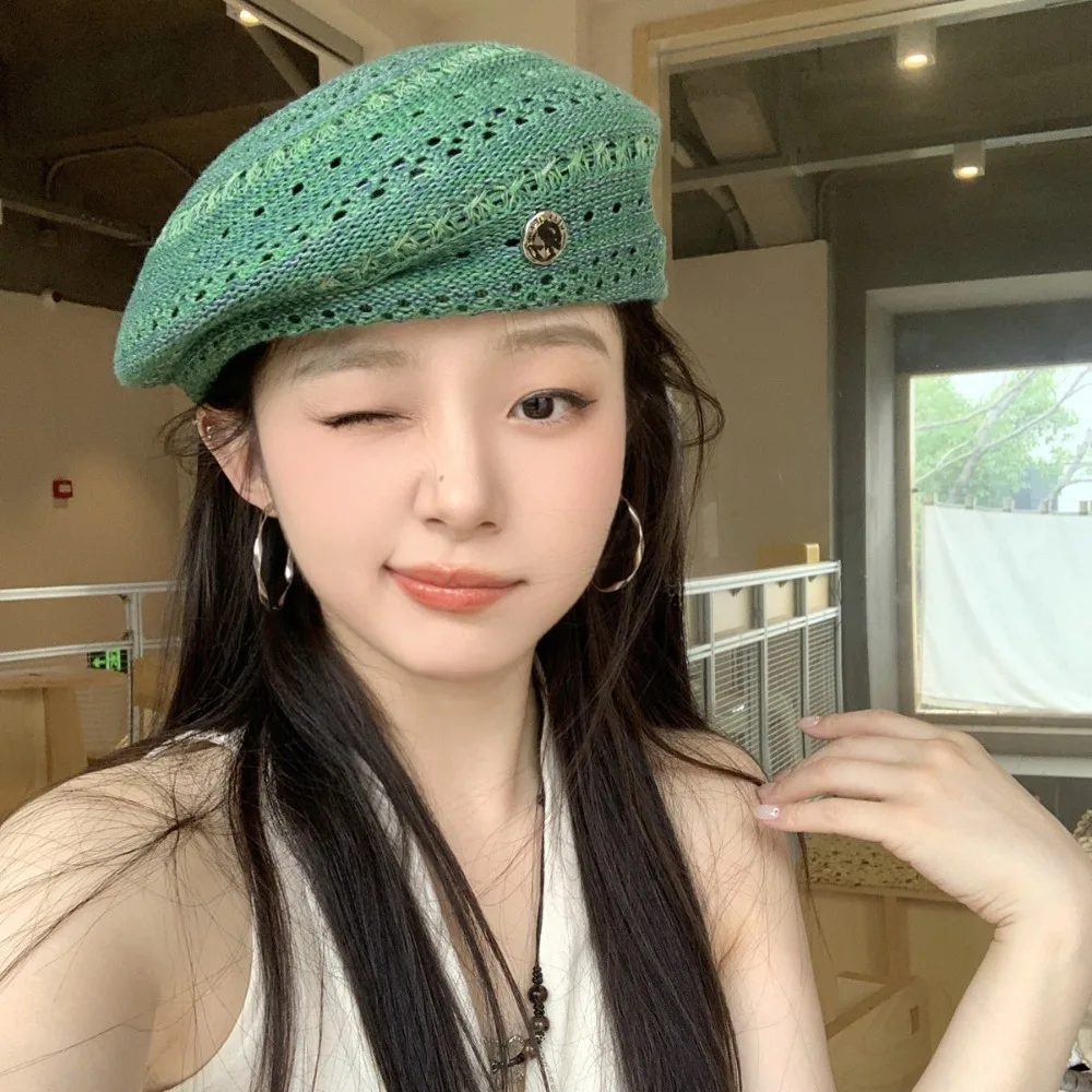 Japanese Style Hollowed Out Beret Hat Fresh Color Vintage Weave Painter Hat Crochet Knitted Thin Elegant Beach Cap Women Girls