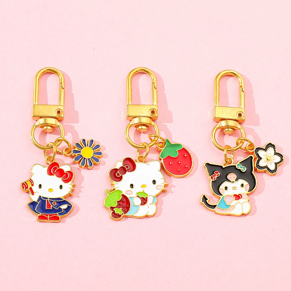 Sanrio Kuromi Alloy Keychain Keyring Hello Kitty Flower Pended Cute Metal Charm Ornament Friend Festival Party Jewelry Gift