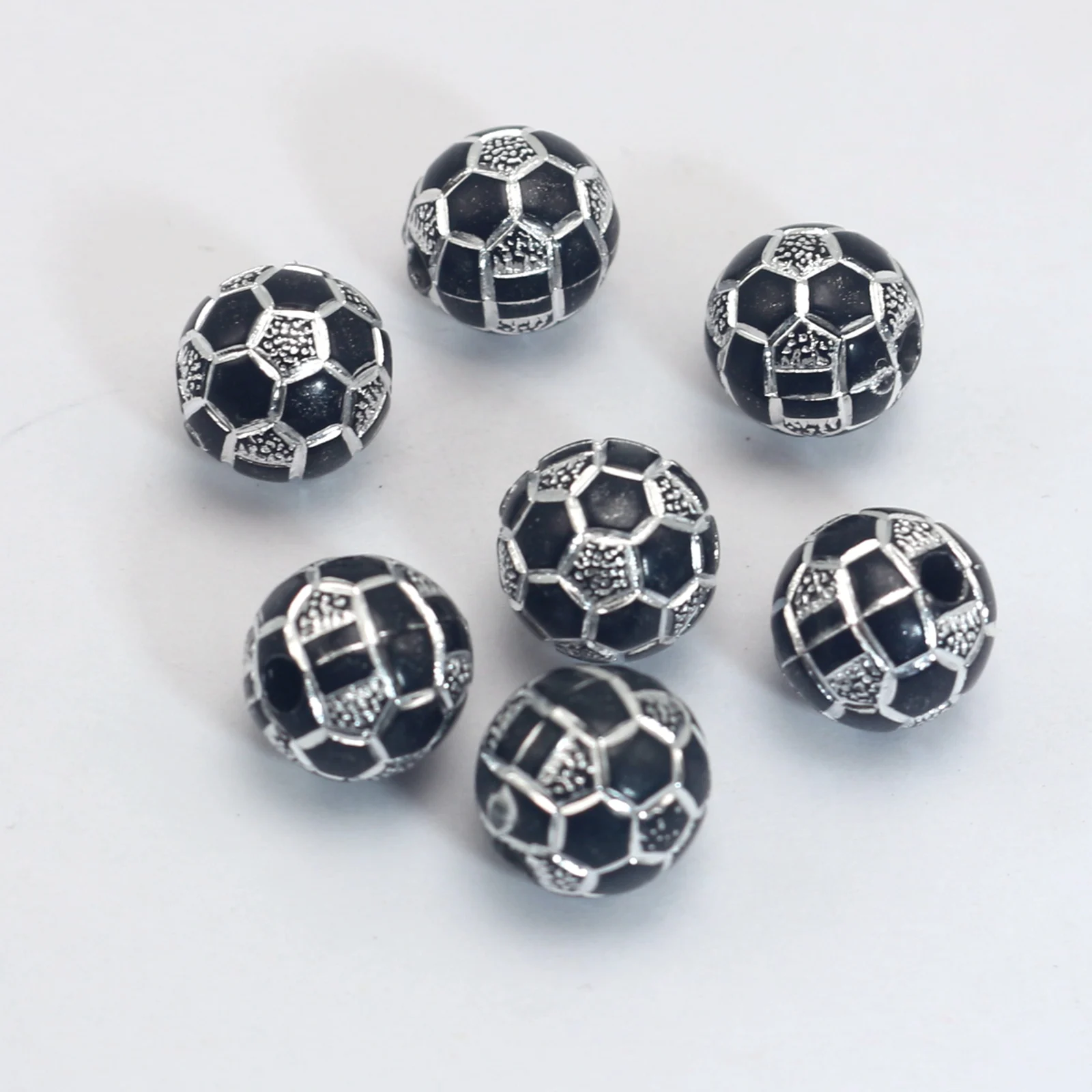 100 Black Sparkling Football Soccer Pattern Acrylic Round Beads 10mm