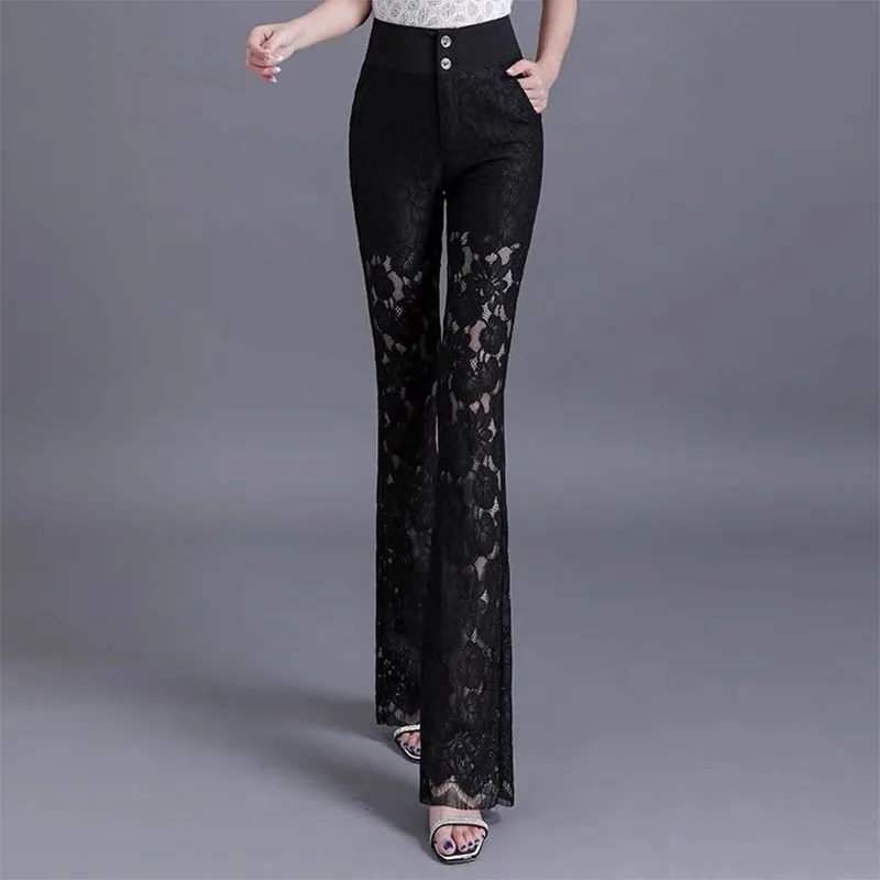

Y2k Korean Pant Suits Lace Hollow Out Summer Thin Flare Pants High Waist Solid Women Elegant Casual Fashion Female Trousers 2022