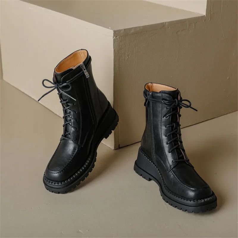 New Split Leather Platform Wedges Women Boots Round Toe Lamb Hair Short Boots for Women High Heels Winter Knee-high Boots Women