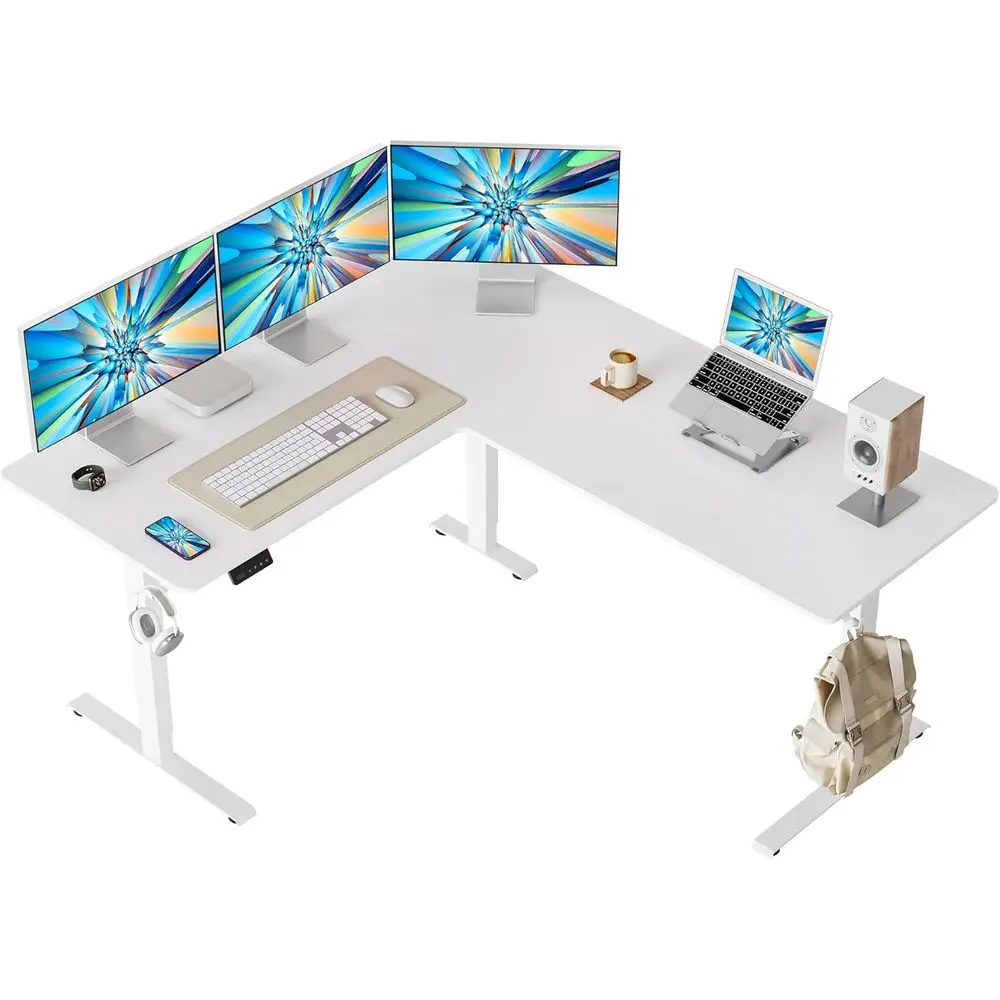مكتب كهربائي على شكل حرف L قابل للتعديل الارتفاع، 63 × 55، مكتب مريح مع 3 إعدادات للذاكرة، أبيض