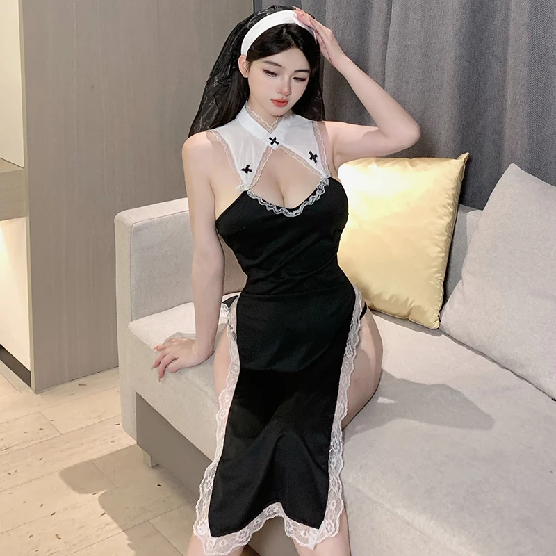 Cosplay Nun Lingerie Sets Woman Without Censorship Erotic Costume Side Opening Edge High Fork Backless Cosplay Mujer Dress