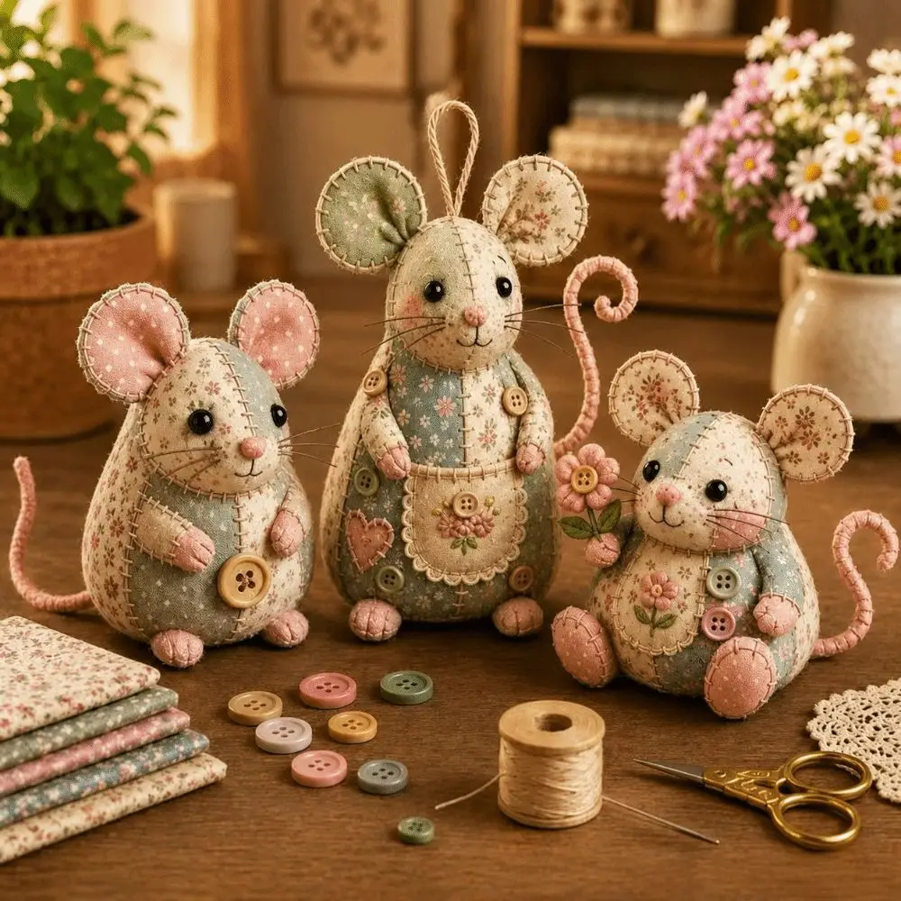 Handmade Patchwork Mouse Kit Pre Cut Fabric Stuffing Included Patchwork Sewing Craft Set Step by Step Guide Buttons Included