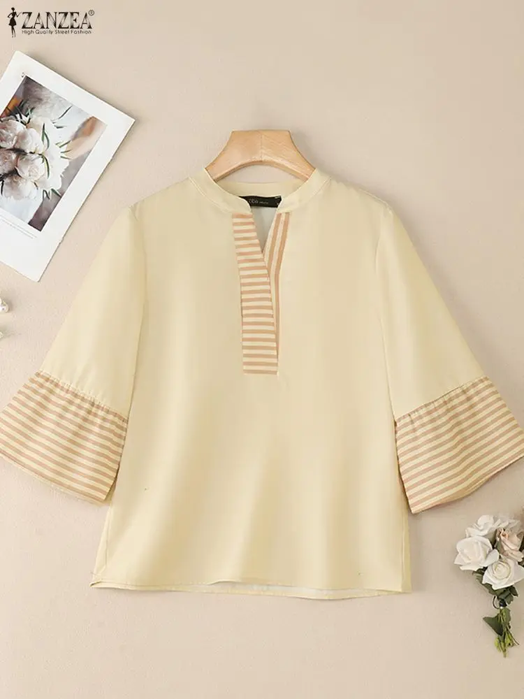 ZANZEA Camicette da donna patchwork a righe con scollo a V Manica svasata a 3/4 Pullover allentato Top Autunno 2025 Nuovo abbigliamento casual quotidiano S-3XL