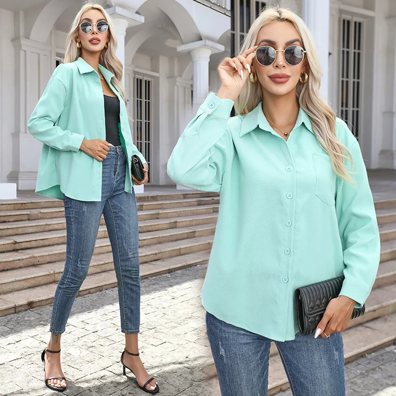 Women's Long-sleeve Collared Shirt for Fall and Winter; A Solid-color, Single-breasted, Brushed, Loose-fitting Casual Shirts.