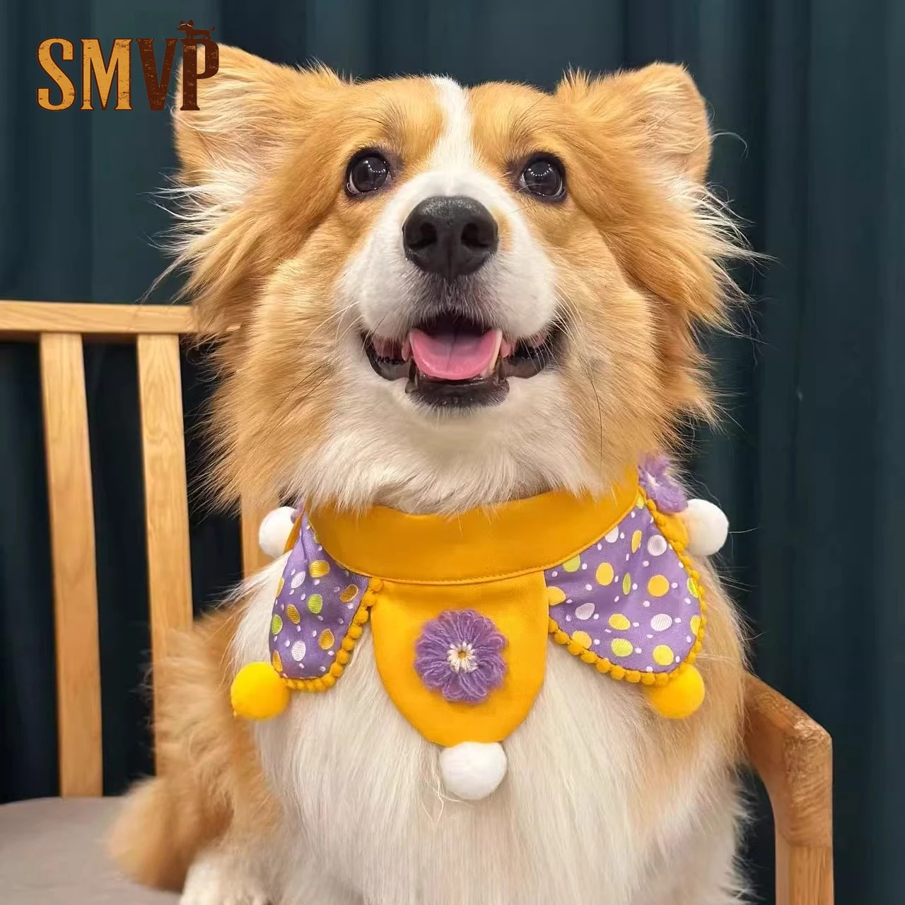 

Original Design Handmade Polka Dot Hairball Decoration Purple Flower Cute Contrasting Color Pet Kitten Puppy Decorative Bib